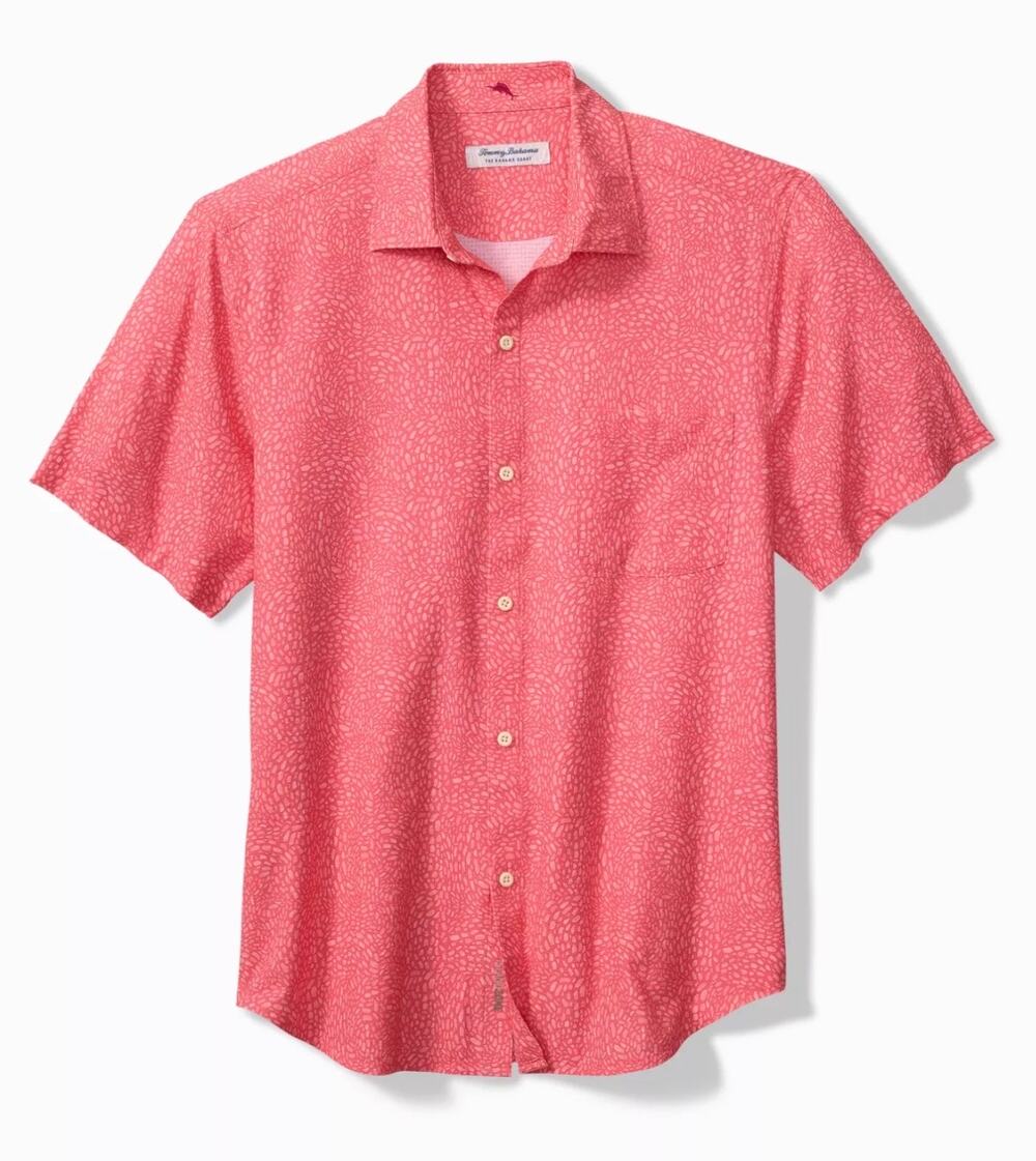 Tommy Bahama 100% Silk Camp Shirt Geo Pink Red Print XL Men's Short Sleeve